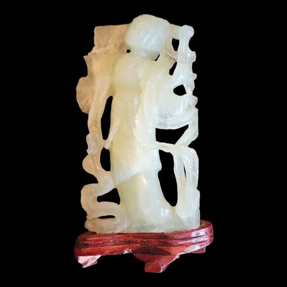 Set of 4 Vintage GESHIA's Asian Italy Green Jadeite Glass Figurines Wood Base - Picture 5 of 16